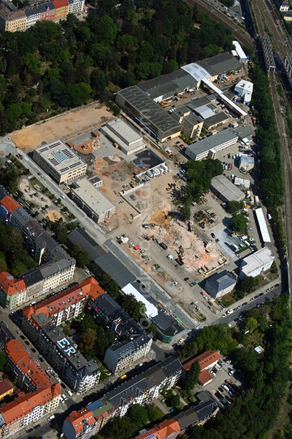 Dresden from above - Construction site for the new building Schul- Gebaeude and of Kita Drewag-Areal on Loessnitzstrasse in Dresden in the state Saxony, Germany