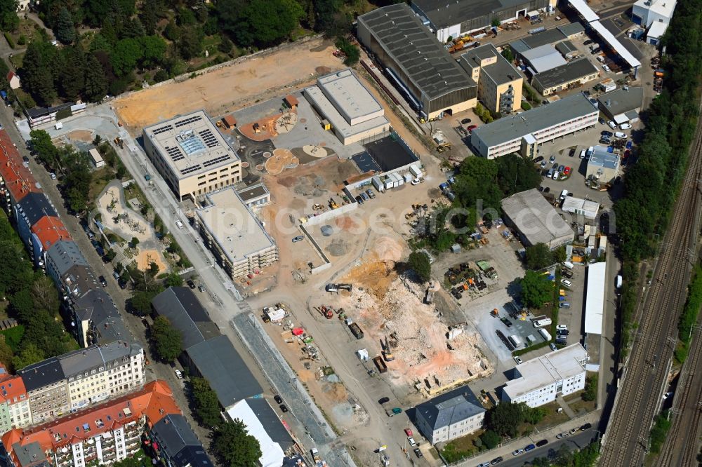 Aerial image Dresden - Construction site for the new building Schul- Gebaeude and of Kita Drewag-Areal on Loessnitzstrasse in Dresden in the state Saxony, Germany