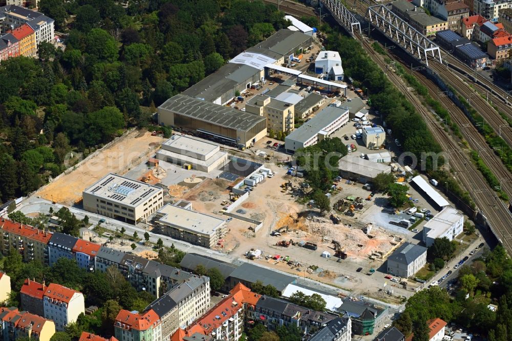 Dresden from above - Construction site for the new building Schul- Gebaeude and of Kita Drewag-Areal on Loessnitzstrasse in Dresden in the state Saxony, Germany