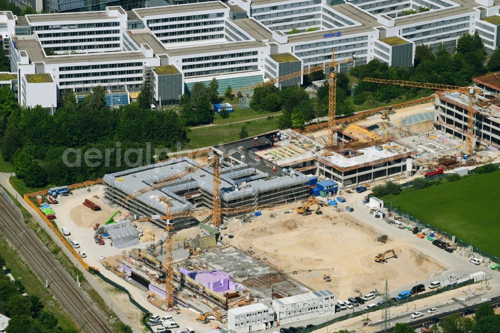 Unterföhring from above - New construction site of the school building on Mitterfeldallee in Unterfoehring in the state Bavaria, Germany