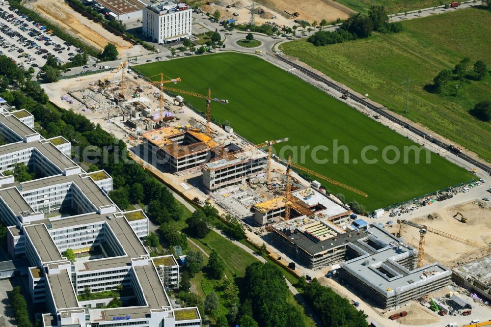 Unterföhring from above - New construction site of the school building on Mitterfeldallee in Unterfoehring in the state Bavaria, Germany