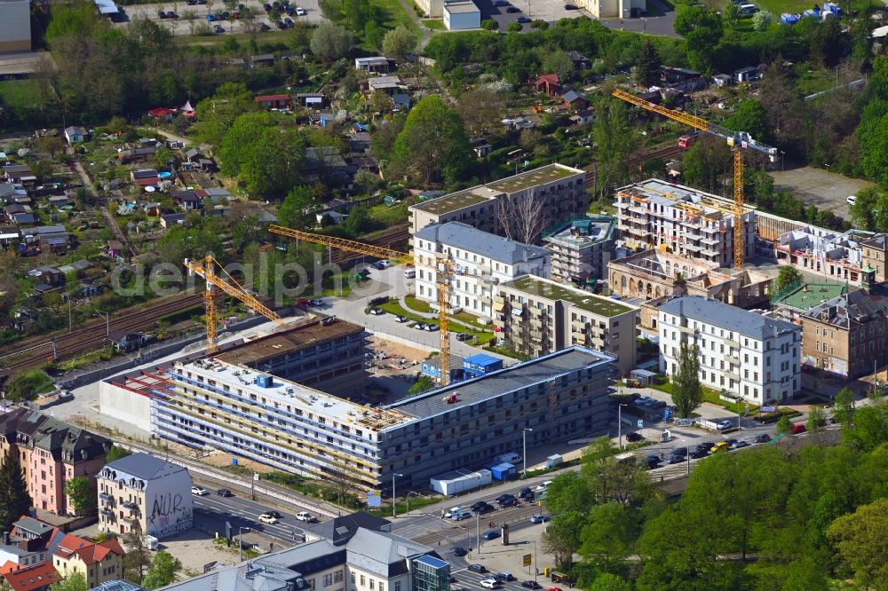 Dresden from above - Construction site for the new building Schule 151. Oberschule on Koenigsbruecker Strasse - Stauffenbergallee in the district Albertstadt in Dresden in the state Saxony, Germany