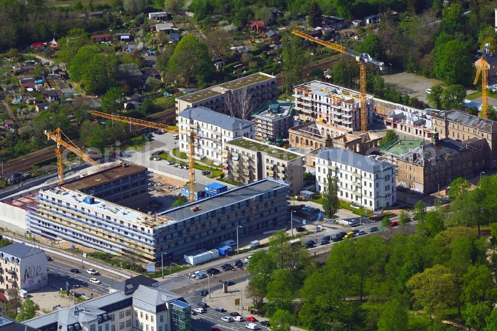 Dresden from the bird's eye view: Construction site for the new building Schule 151. Oberschule on Koenigsbruecker Strasse - Stauffenbergallee in the district Albertstadt in Dresden in the state Saxony, Germany