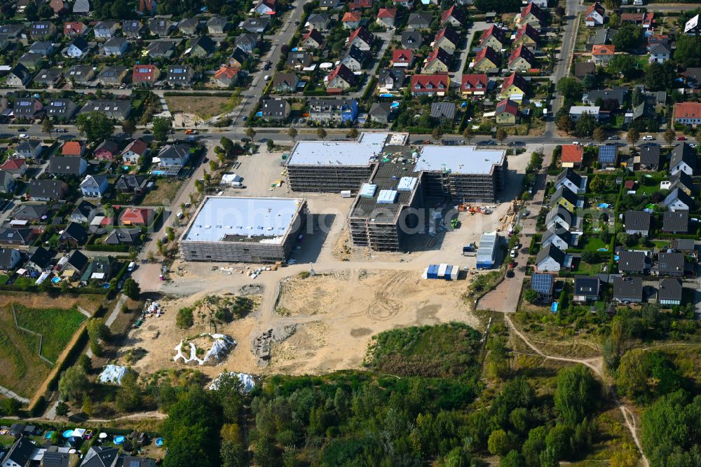 Berlin from above - New construction site of the school building ISS Landsberger Strasse - Bisamstrasse on street Landsberger Strasse in the district Mahlsdorf in Berlin, Germany