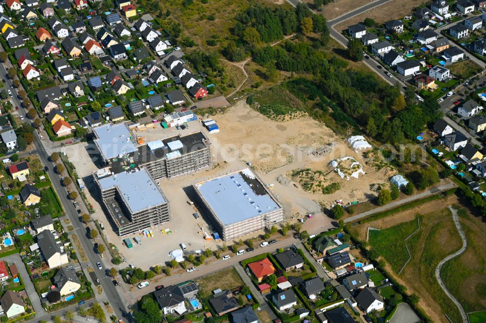 Berlin from above - New construction site of the school building ISS Landsberger Strasse - Bisamstrasse on street Landsberger Strasse in the district Mahlsdorf in Berlin, Germany