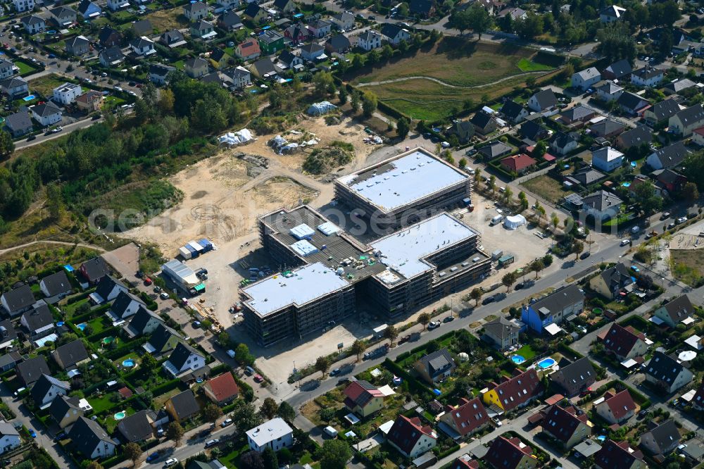 Berlin from above - New construction site of the school building ISS Landsberger Strasse - Bisamstrasse on street Landsberger Strasse in the district Mahlsdorf in Berlin, Germany