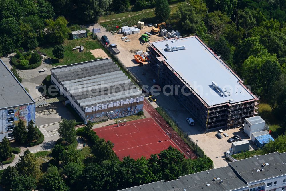 Berlin from above - New construction site of the school building Kerschensteiner Integrierte Sekundarschule on street Golliner Strasse in the district Marzahn in Berlin, Germany