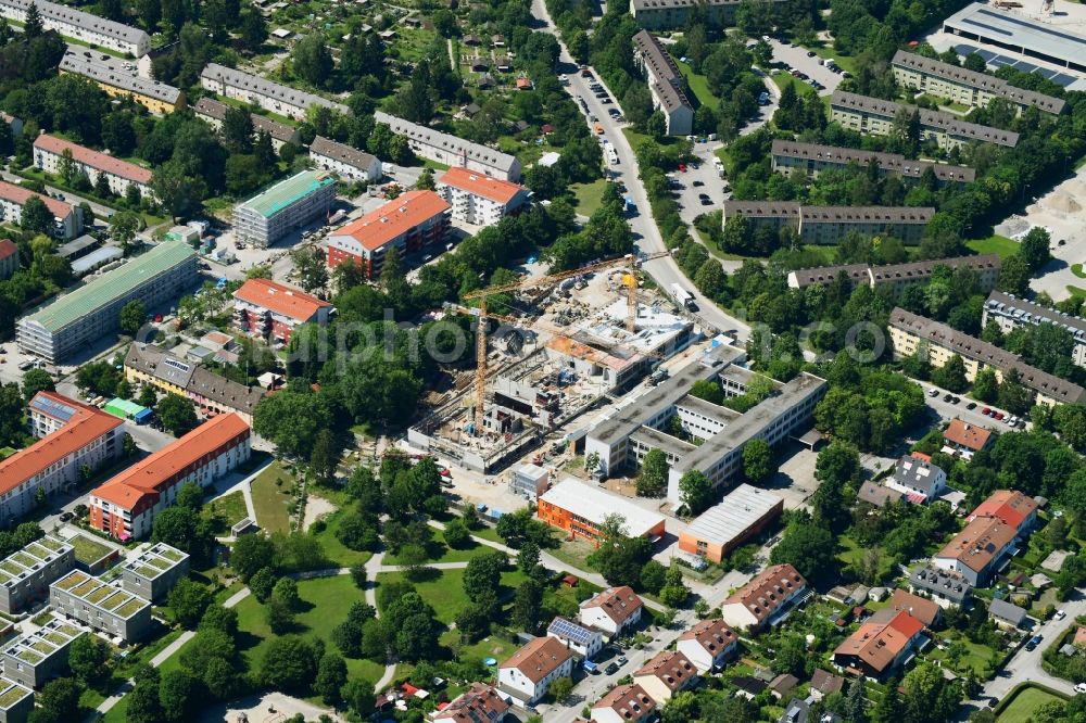 München from above - New construction site of the school building of Bernaysschule on Bernaysstrasse in Munich in the state Bavaria, Germany