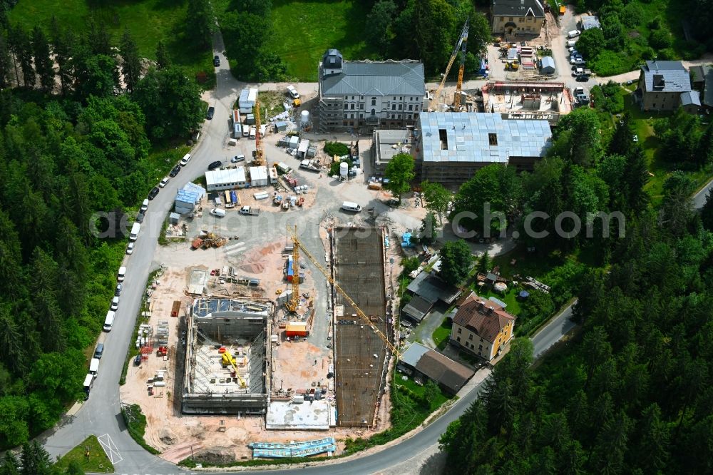 Bad Reiboldsgrün from above - New construction site of the school building Forest school in Bad Reiboldsgruen in the state Saxony, Germany