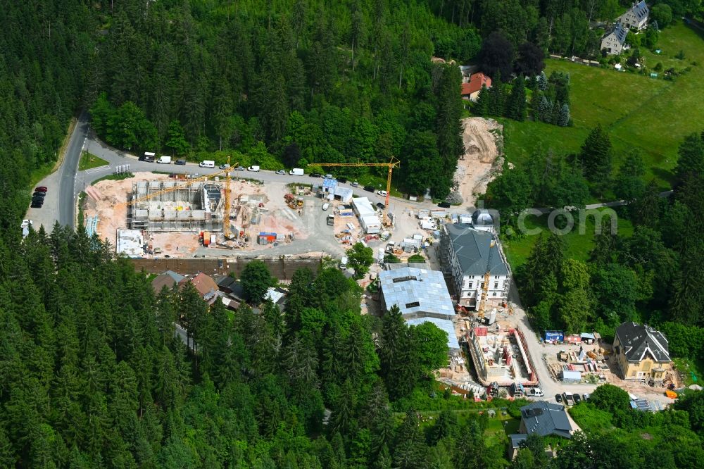 Bad Reiboldsgrün from above - New construction site of the school building Forest school in Bad Reiboldsgruen in the state Saxony, Germany