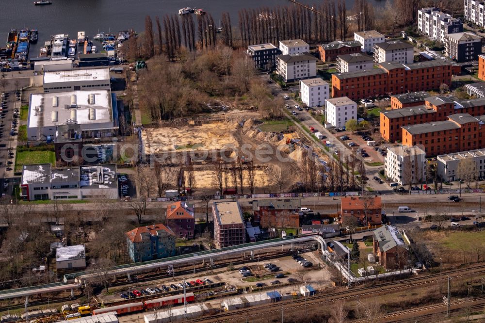 Berlin from above - New construction site of the school building on Georg-Loewenstein-Strasse - Hauptstrasse in the district Rummelsburg in Berlin, Germany