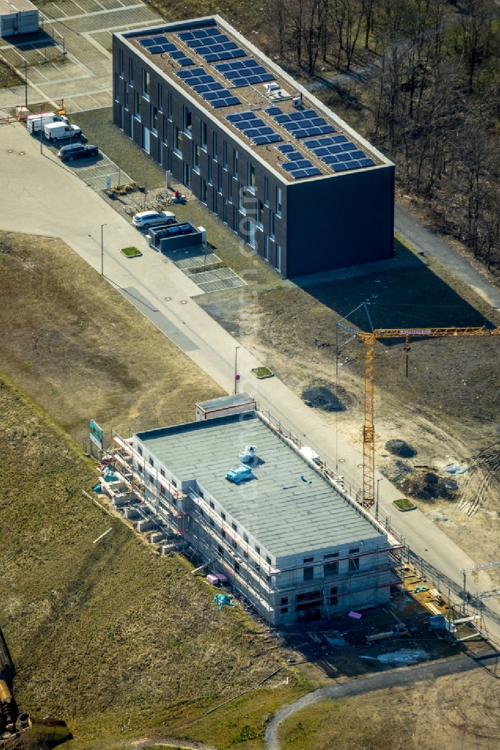 Bochum from above - New construction site of the school building on Gerard-Mortier-Platz in Bochum in the state North Rhine-Westphalia, Germany