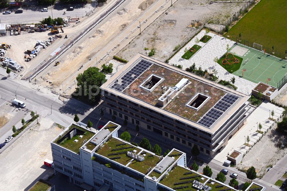 München from above - New construction site of the school building einer Grundschule in Werksviertel in Munich in the state Bavaria, Germany