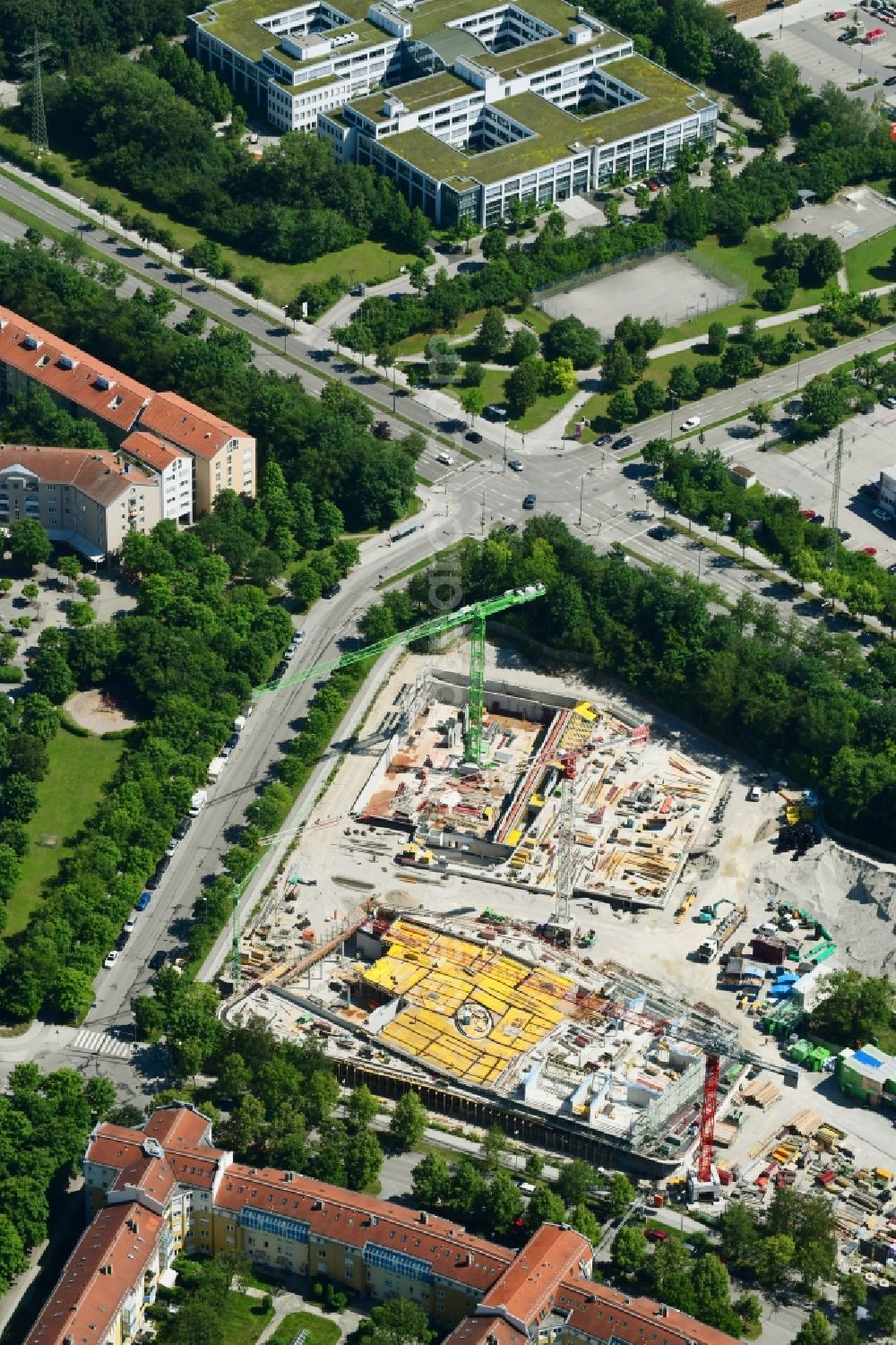 München from above - New construction site of the school building on Heidemannstrasse in Munich in the state Bavaria, Germany