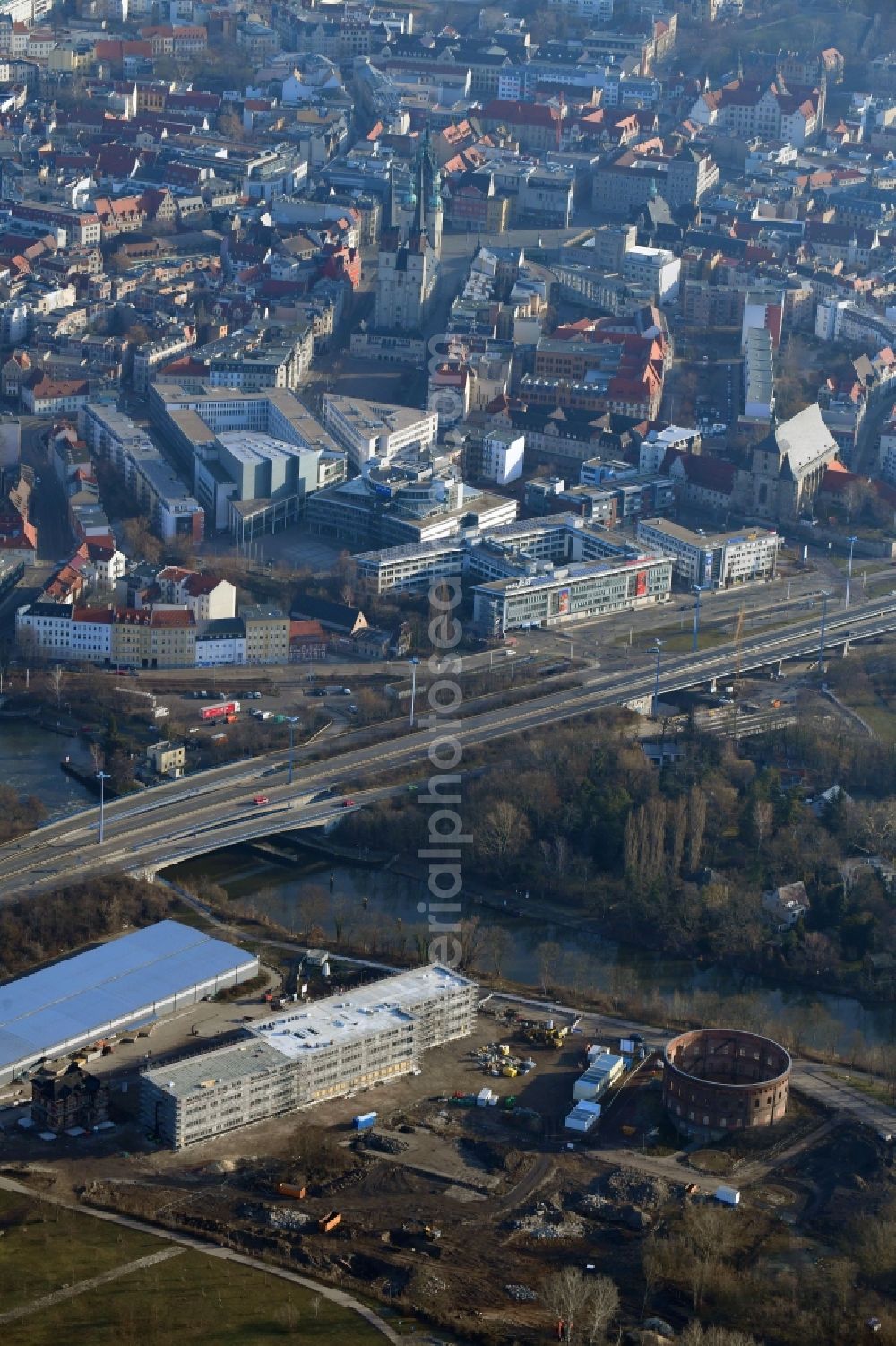 Halle (Saale) from above - New construction site of the school building on Holzplatz in Halle (Saale) in the state Saxony-Anhalt, Germany