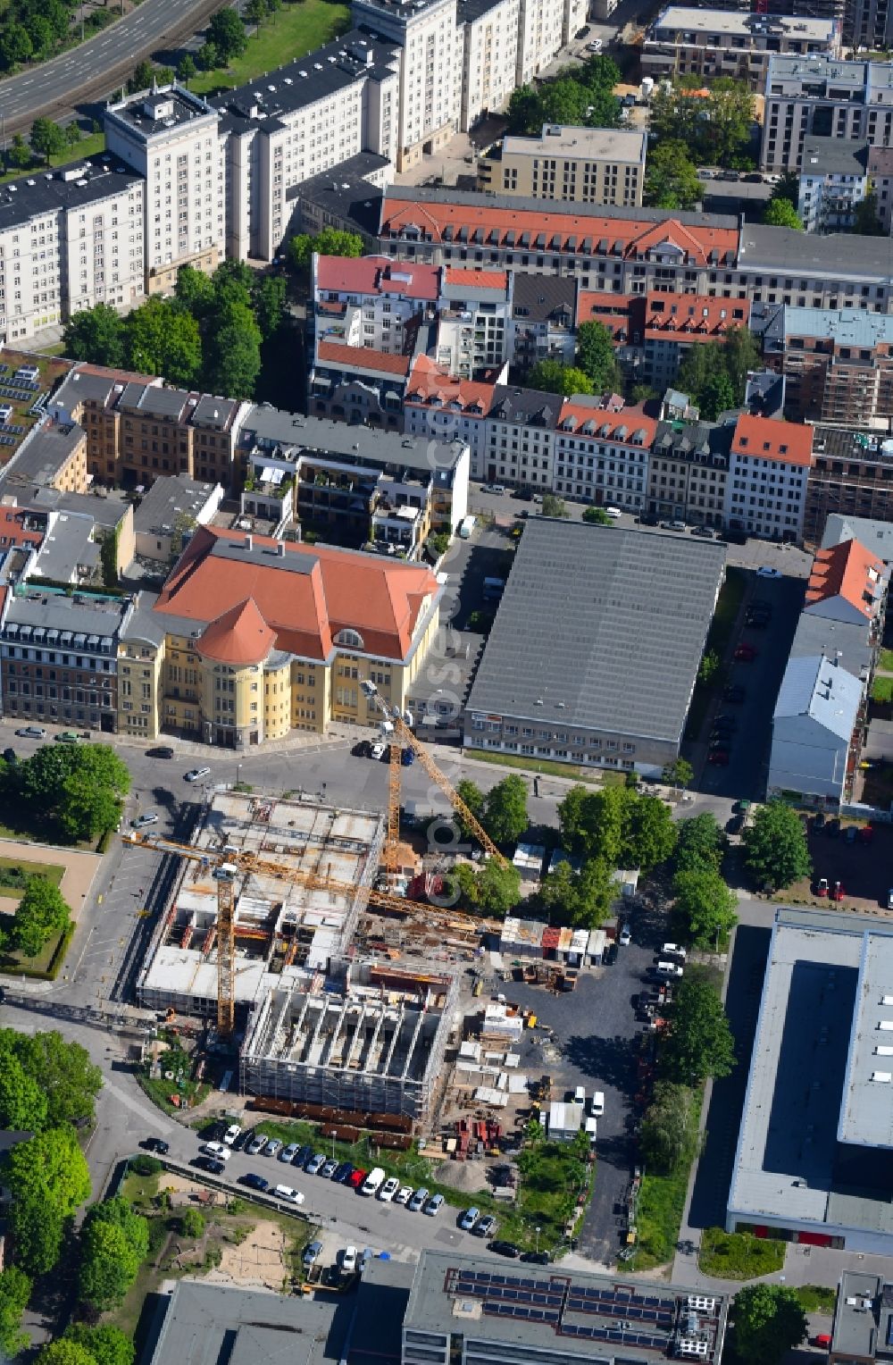 Aerial photograph Leipzig - New construction site of the school building on Jablonowskistrasse in Leipzig in the state Saxony, Germany