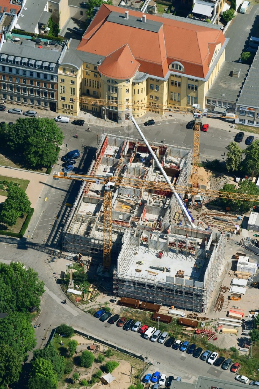 Aerial image Leipzig - New construction site of the school building on Jablonowskistrasse in Leipzig in the state Saxony, Germany