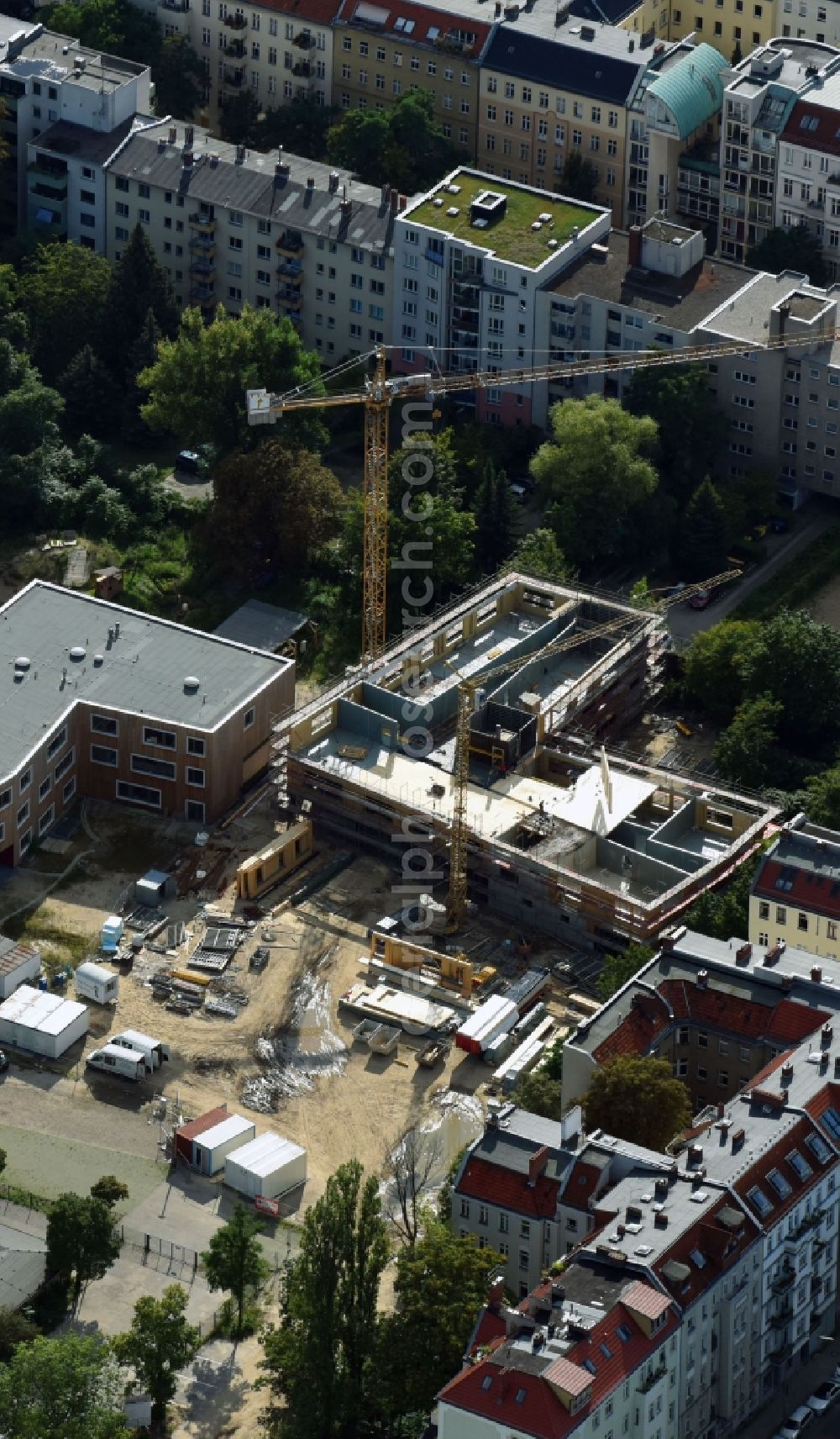 Aerial image Berlin - New construction site of the school building of Johannes-Schule Berlin on Monumentenstrasse in Berlin, Germany