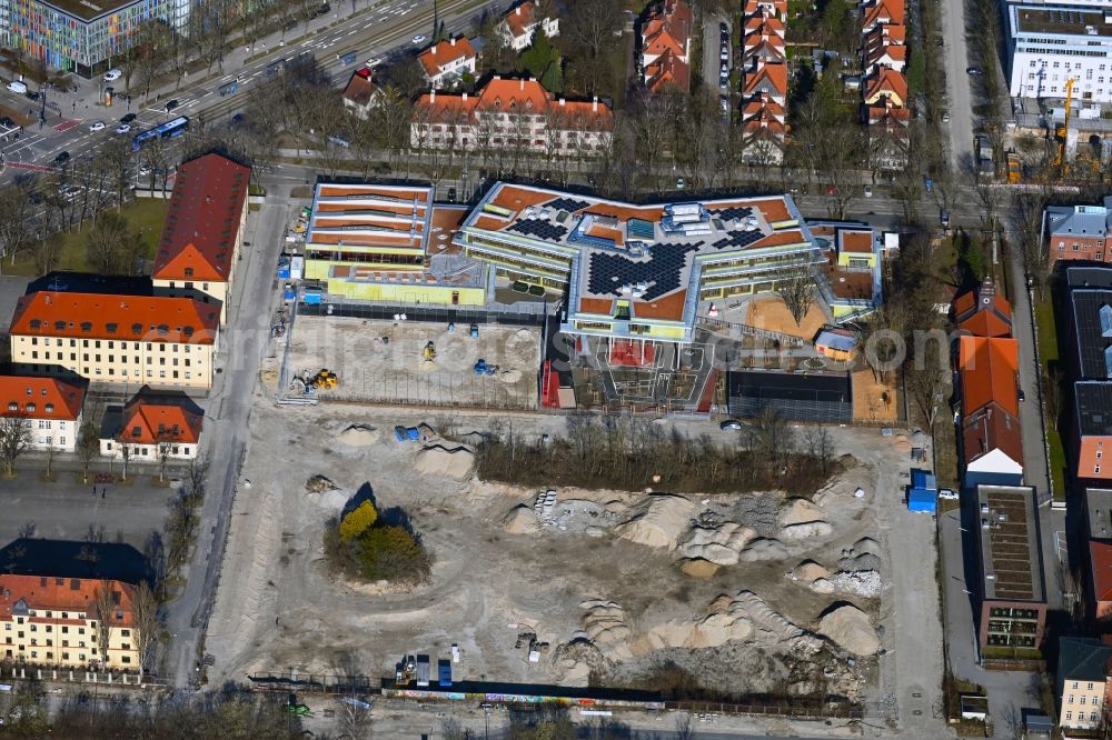 München from above - New construction site of the school building in Kreativquartier on Infanteriestrasse in the district Schwabing-West in Munich in the state Bavaria, Germany