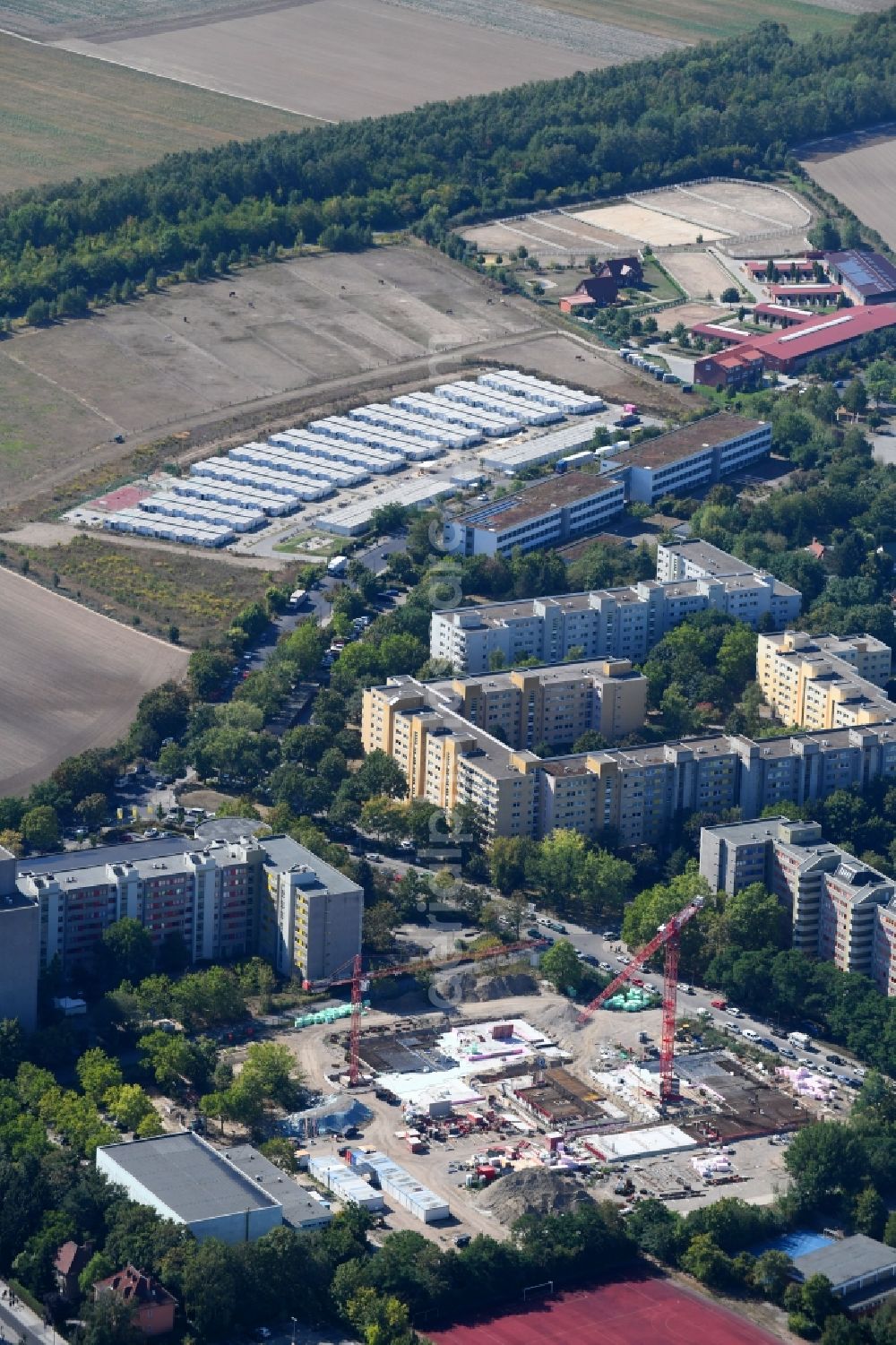 Aerial photograph Berlin - New construction site of the school building Leonardo-da-Vinci-Gymnasium on Christoph-Ruden-Strasse in the district Buckow in Berlin, Germany