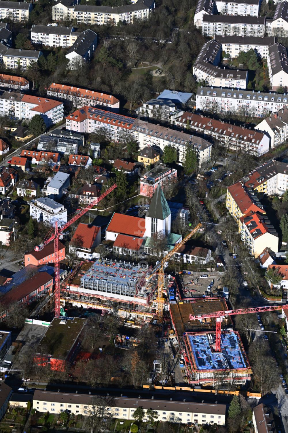 München from above - New construction site of the school building - Mittelschule on street Eduard-Schenk-Strasse - Torquato-Tasso-Strasse in the district Milbertshofen in Munich in the state Bavaria, Germany