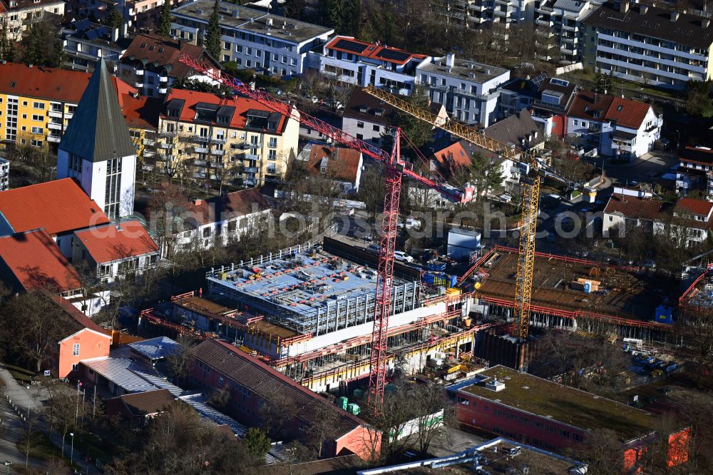 München from above - New construction site of the school building - Mittelschule on street Eduard-Schenk-Strasse - Torquato-Tasso-Strasse in the district Milbertshofen in Munich in the state Bavaria, Germany