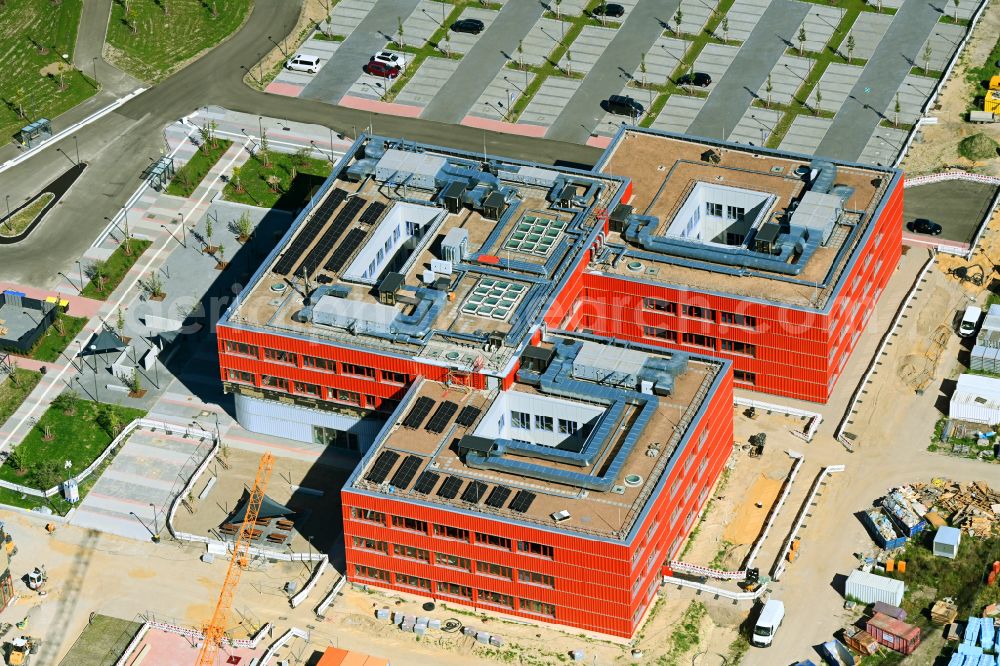 Altlandsberg from above - New construction site of the school building Neuer Schulcampus on street Fredersdorfer Chaussee in Altlandsberg in the state Brandenburg, Germany