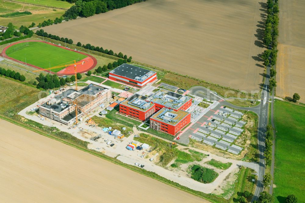 Altlandsberg from above - New construction site of the school building Neuer Schulcampus on street Fredersdorfer Chaussee in Altlandsberg in the state Brandenburg, Germany