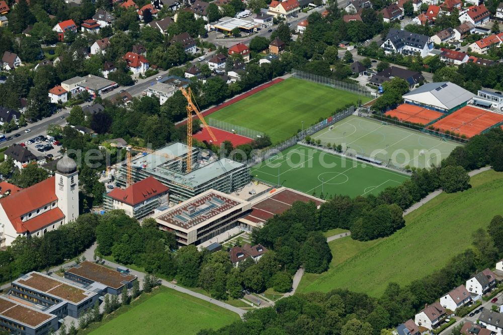 München from above - New construction site of the school building on Schulzentrum Obermenzing on Grandlstrasse in the district Pasing-Obermenzing in Munich in the state Bavaria, Germany