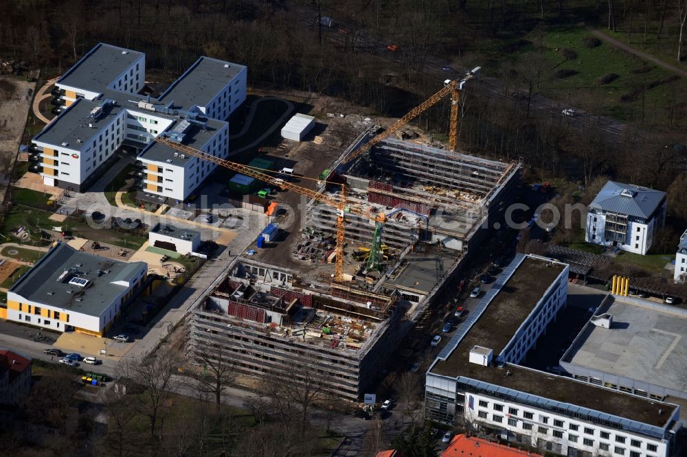 Leipzig from above - New construction site of the school building Sportoberschule on Nordrand of Waldstrassenviertels in the district Mitte in Leipzig in the state Saxony