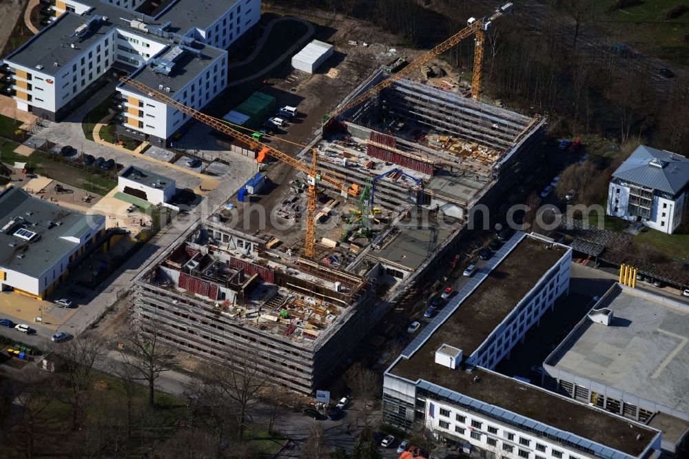 Leipzig from the bird's eye view: New construction site of the school building Sportoberschule on Nordrand of Waldstrassenviertels in the district Mitte in Leipzig in the state Saxony