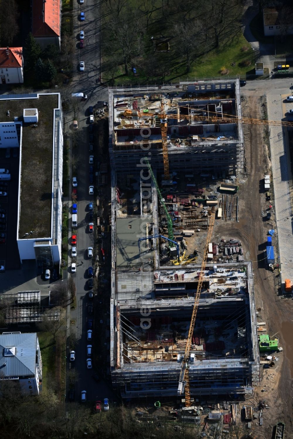 Aerial image Leipzig - New construction site of the school building Sportoberschule on Nordrand of Waldstrassenviertels in the district Mitte in Leipzig in the state Saxony