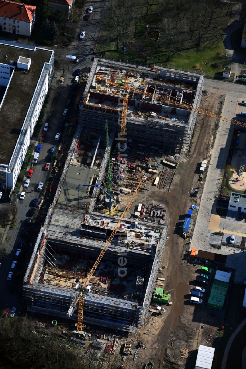 Aerial photograph Leipzig - New construction site of the school building Sportoberschule on Nordrand of Waldstrassenviertels in the district Mitte in Leipzig in the state Saxony