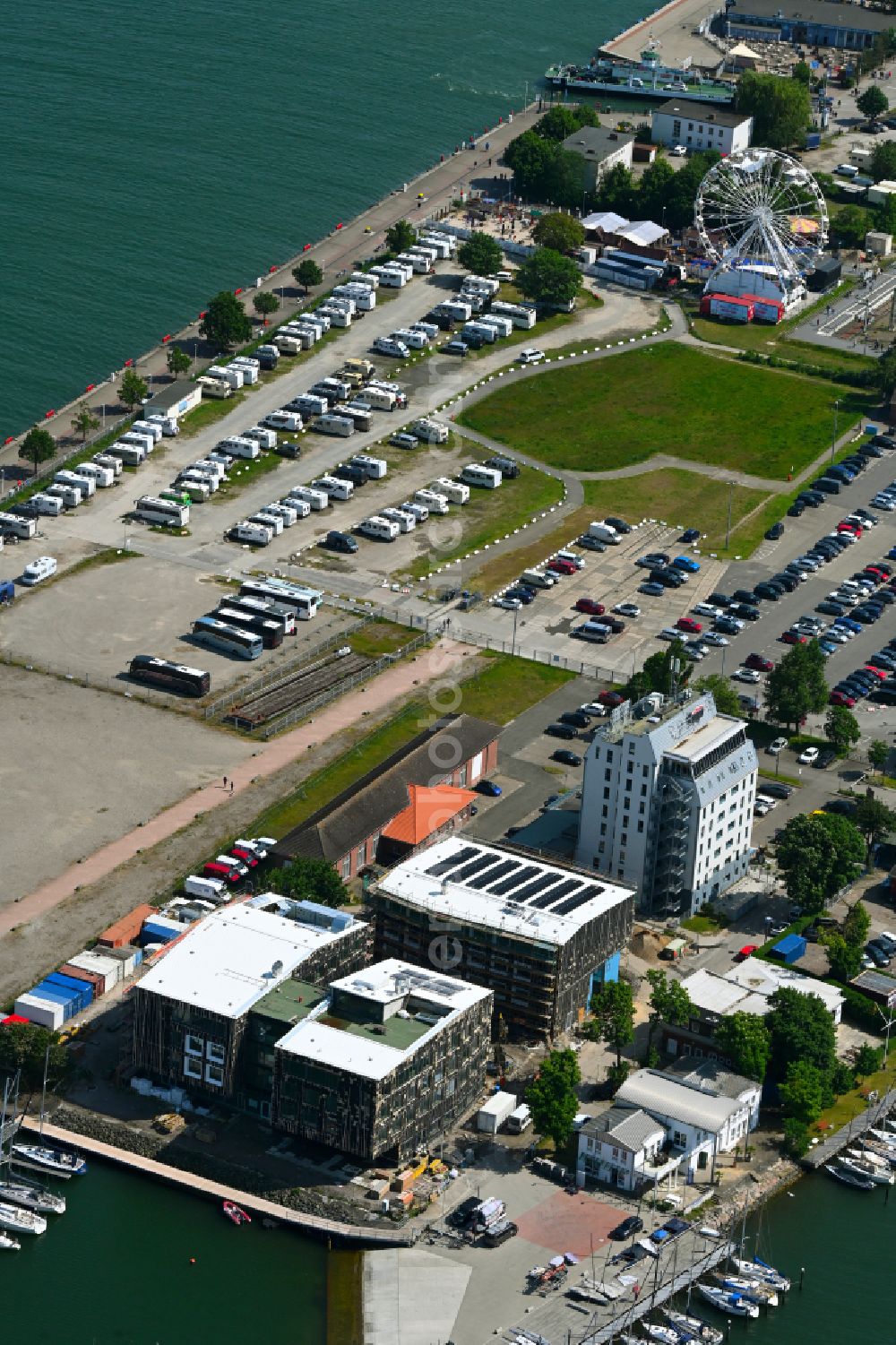 Aerial image Rostock - Construction site for the new school building of the Yachthafen sports school in the Warnemuende district of Rostock on the Baltic Sea coast in the state of Mecklenburg-Western Pomerania, Germany