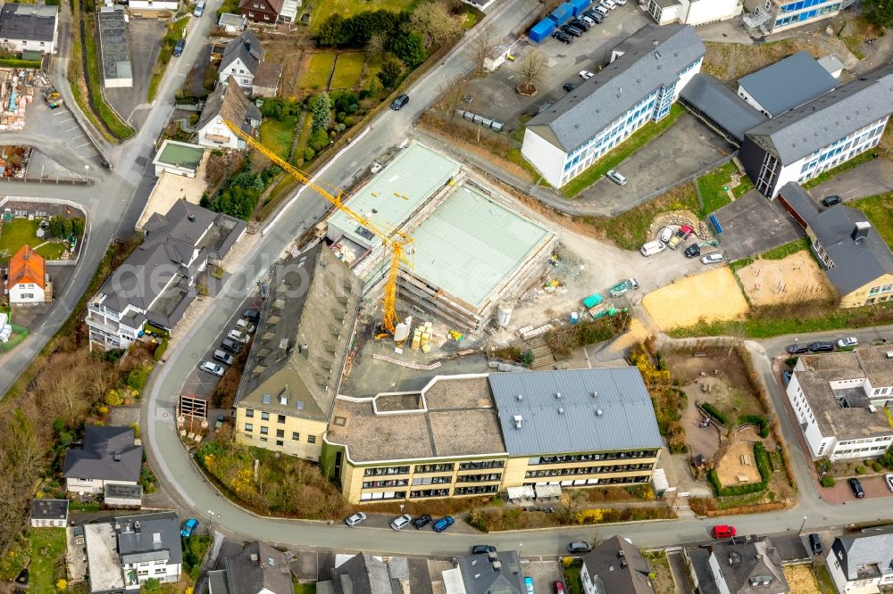 Meschede from above - New construction site of the school building of St. Walburga-Schule An of Klocken Kapelle in Meschede in the state North Rhine-Westphalia, Germany