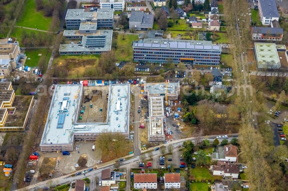 Unna from the bird's eye view: new construction site of the school building with Continuing Education Center on Bildungscampus Unna in the district Alte Heide in Unna at Ruhrgebiet in the state North Rhine-Westphalia, Germany