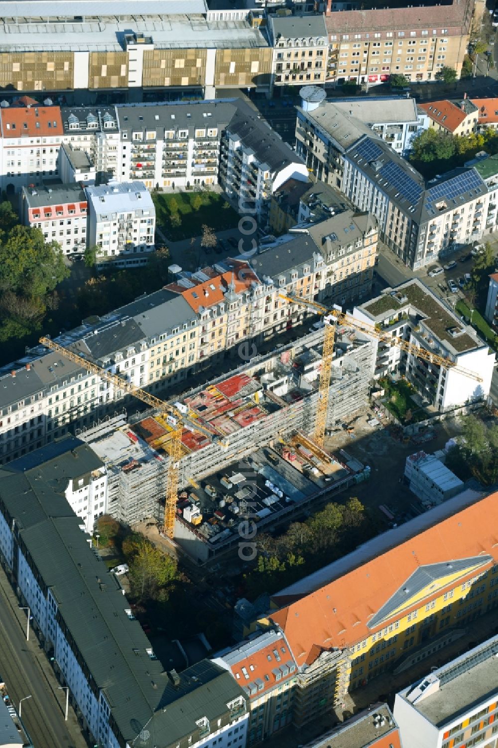 Dresden from above - New construction site of the school building of Dr.-Zeigner-Schule on Tieckstrasse in Dresden in the state Saxony, Germany