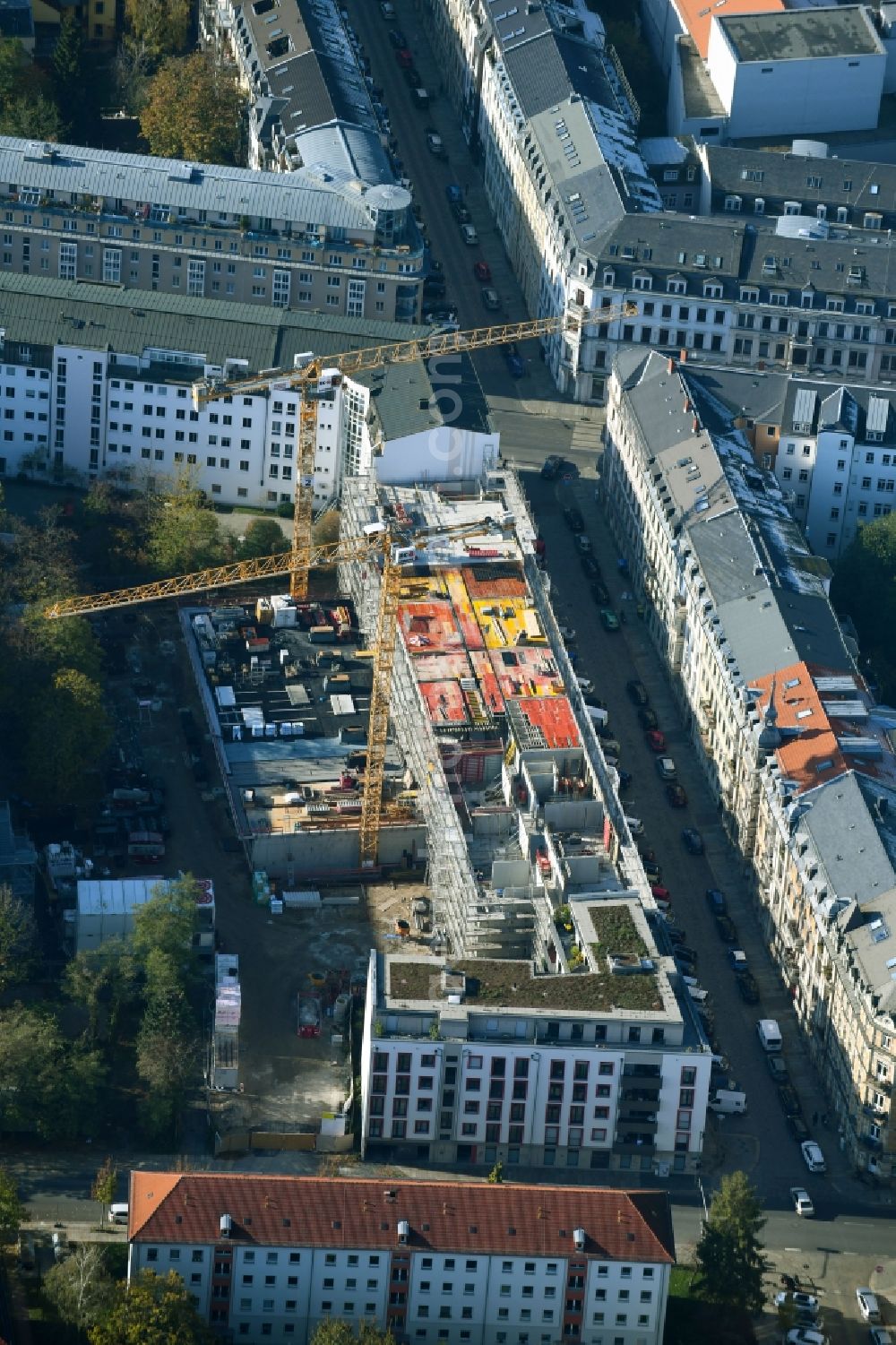 Aerial image Dresden - New construction site of the school building of Dr.-Zeigner-Schule on Tieckstrasse in Dresden in the state Saxony, Germany