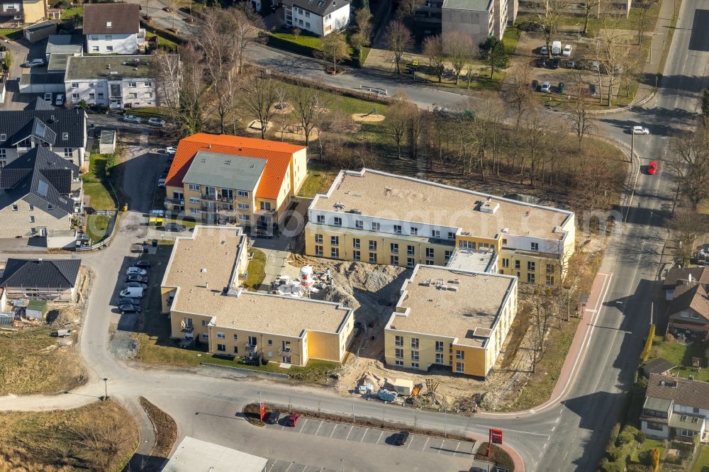 Aerial image Bönen - Construction site of a new build retirement home Seniorenhaus Boenen of Zentrale Verwaltungs- and Dienstleistungen fuer Pflegeheime OHG on Heinrich-Wieschhoff Strasse in Boenen in the state North Rhine-Westphalia, Germany