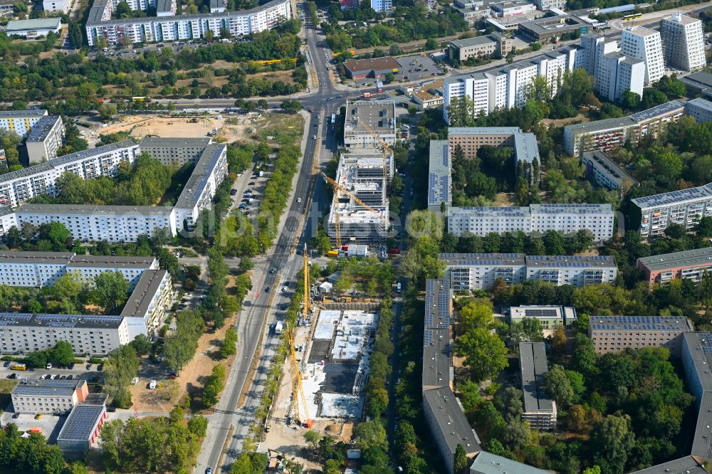 Berlin from above - Construction site for the new build retirement home Seniorenwohnen Cecilienstrasse on street Teterower Ring - Cecilienstrasse in the district Hellersdorf in Berlin, Germany