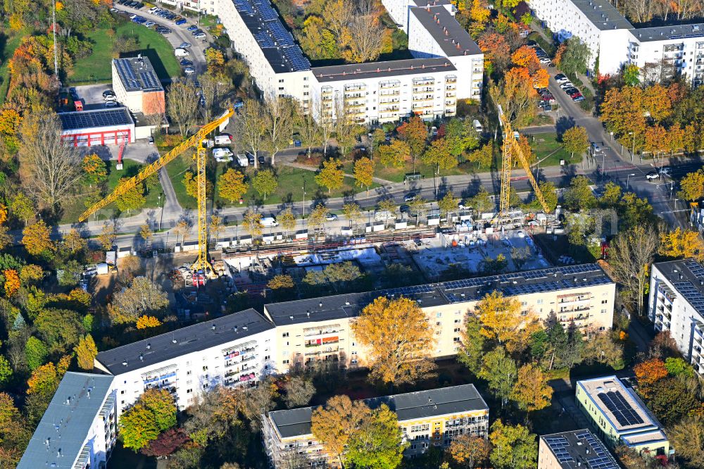 Berlin from above - Construction site for the new build retirement home Seniorenwohnen Cecilienstrasse on street Teterower Ring - Cecilienstrasse in the district Hellersdorf in Berlin, Germany