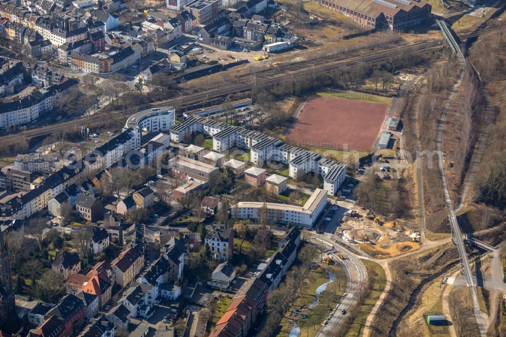 Dortmund from the bird's eye view: Construction site for the new building of Spielplatz Spielplatz Hoetgerpark of EMSCHERGENOSSENSCHAFT on Heinrich-Stephan-Strasse in Dortmund in the state North Rhine-Westphalia, Germany