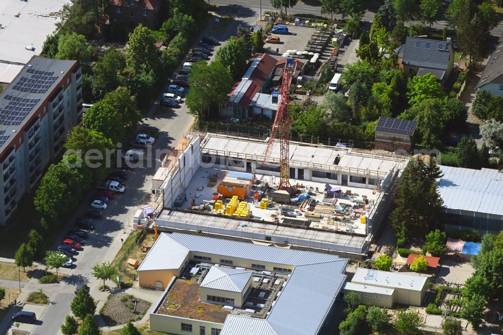 Biesenthal from above - Construction site for the new sports hall on street Schuetzenstrasse in Biesenthal in the state Brandenburg, Germany