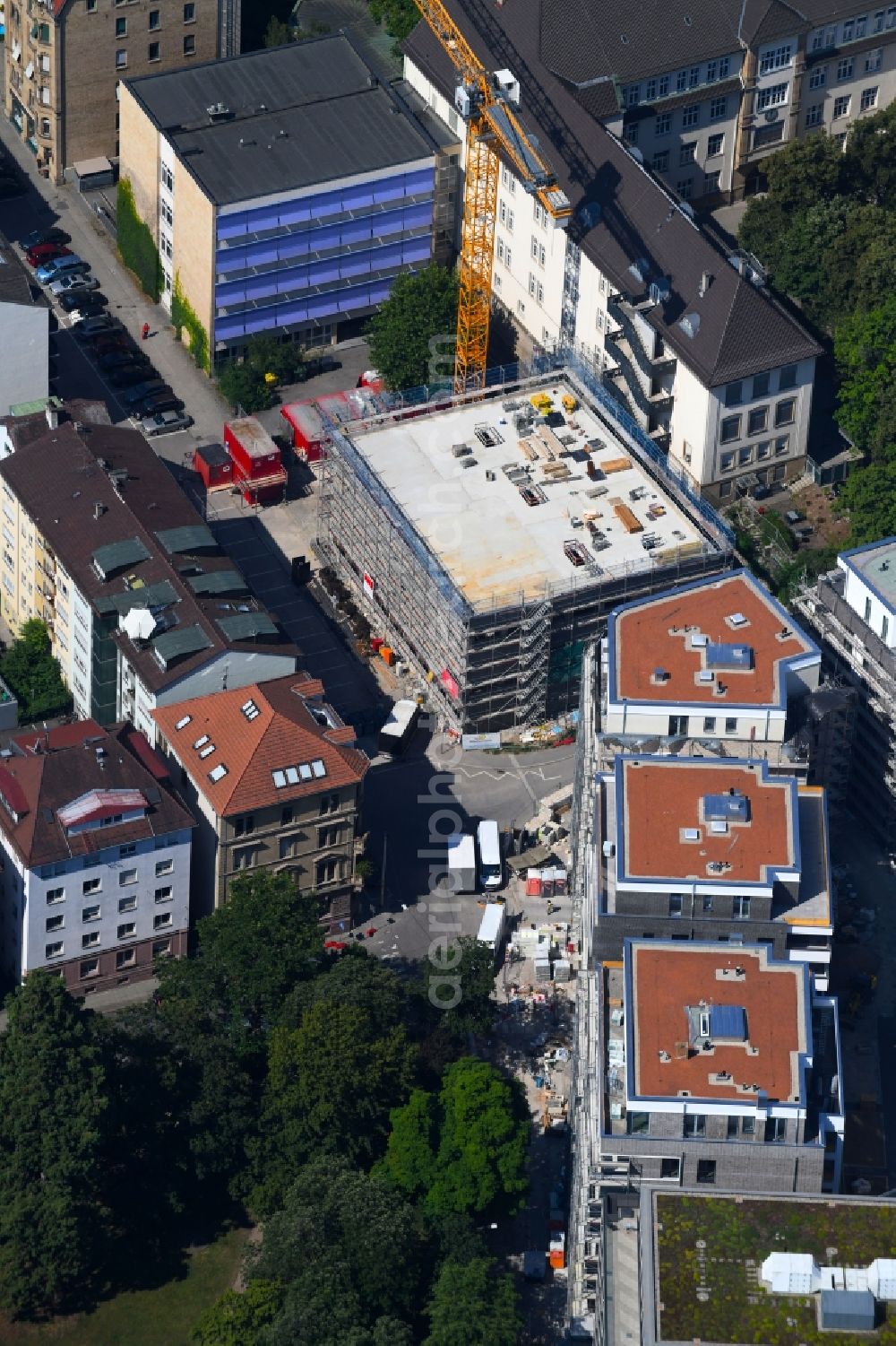 Stuttgart from above - Construction site for the new sports hall Breitscheidstrasse corner Falkertstrasse in Stuttgart in the state Baden-Wurttemberg, Germany