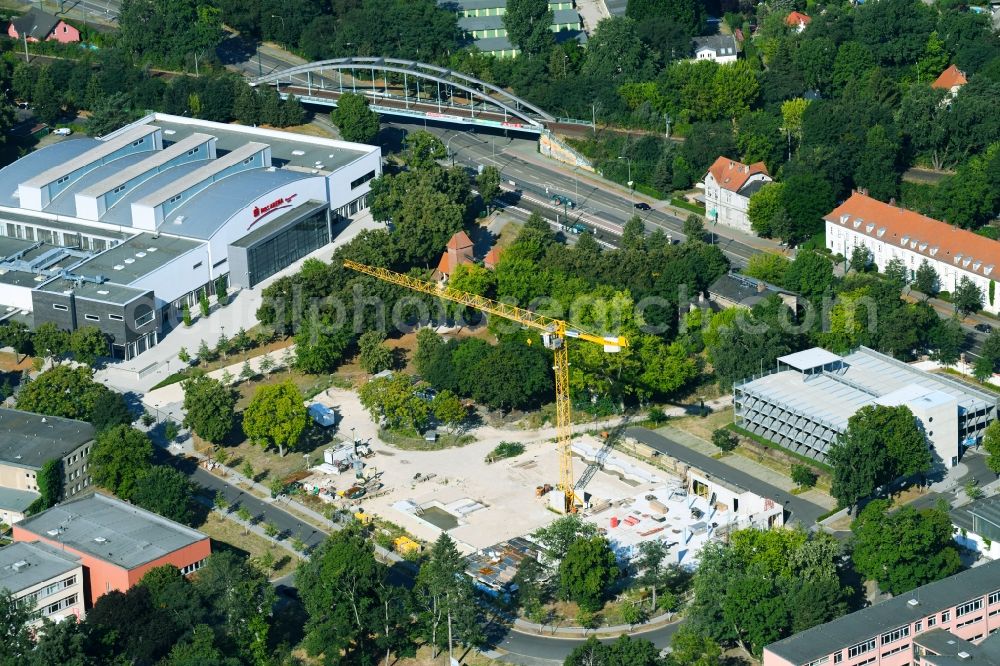 Potsdam from the bird's eye view: Construction site for the new sports hall on corner Olympischer Weg in Potsdam in the state Brandenburg, Germany