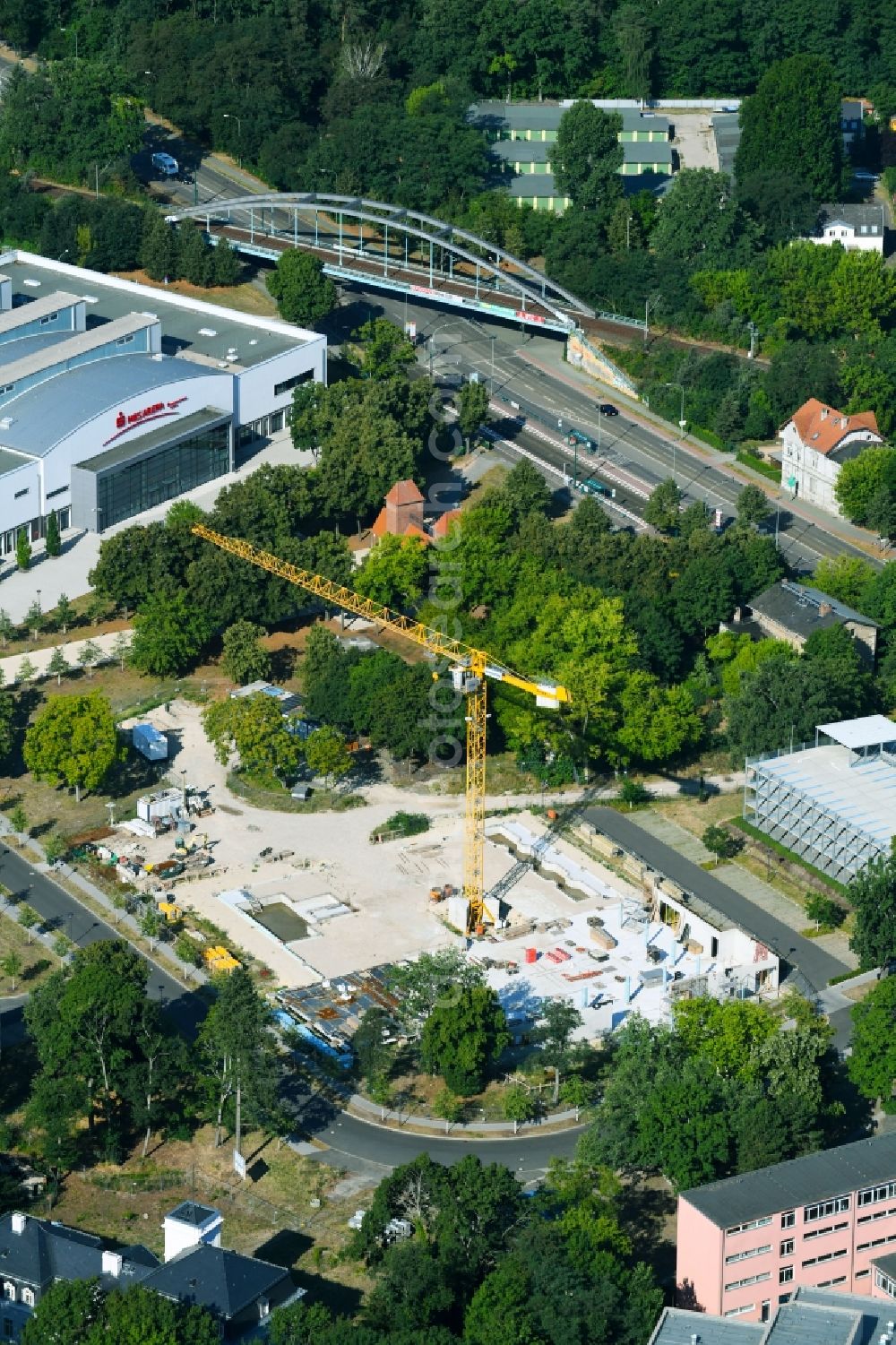 Aerial image Potsdam - Construction site for the new sports hall on corner Olympischer Weg in Potsdam in the state Brandenburg, Germany