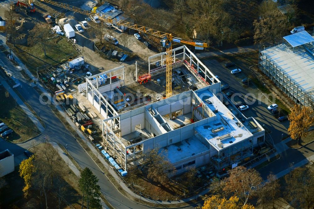 Potsdam from the bird's eye view: Construction site for the new sports hall on corner Olympischer Weg in Potsdam in the state Brandenburg, Germany