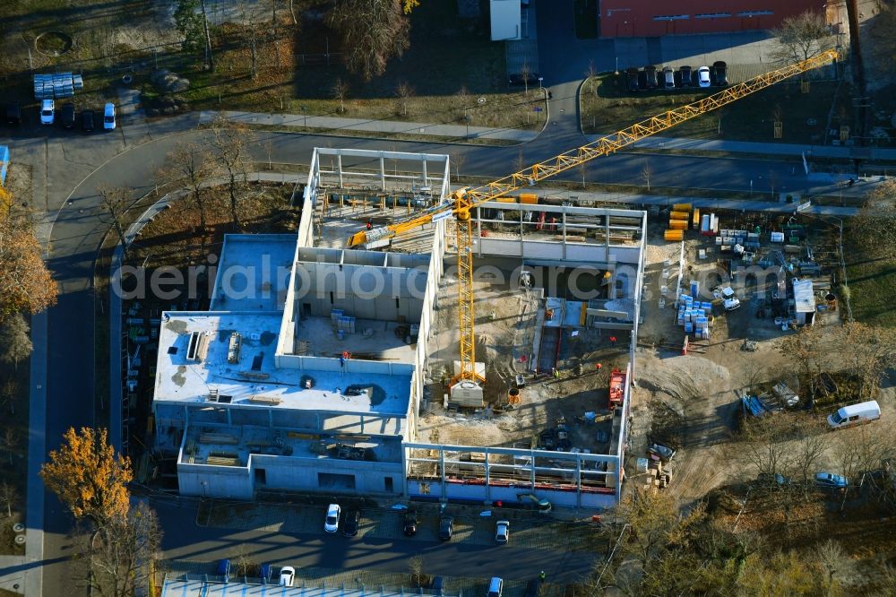 Potsdam from above - Construction site for the new sports hall on corner Olympischer Weg in Potsdam in the state Brandenburg, Germany