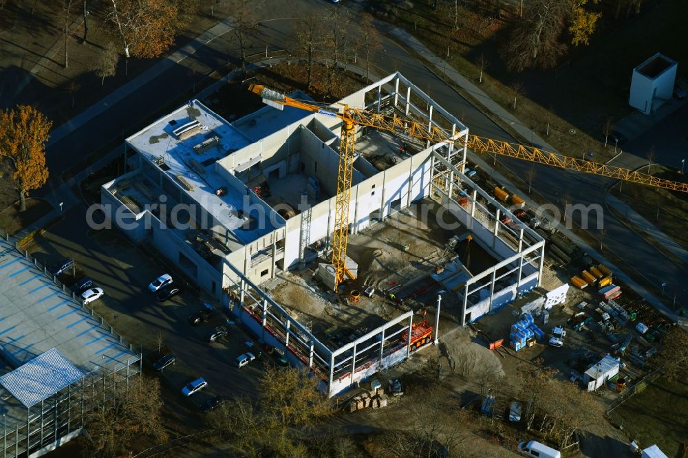 Potsdam from the bird's eye view: Construction site for the new sports hall on corner Olympischer Weg in Potsdam in the state Brandenburg, Germany