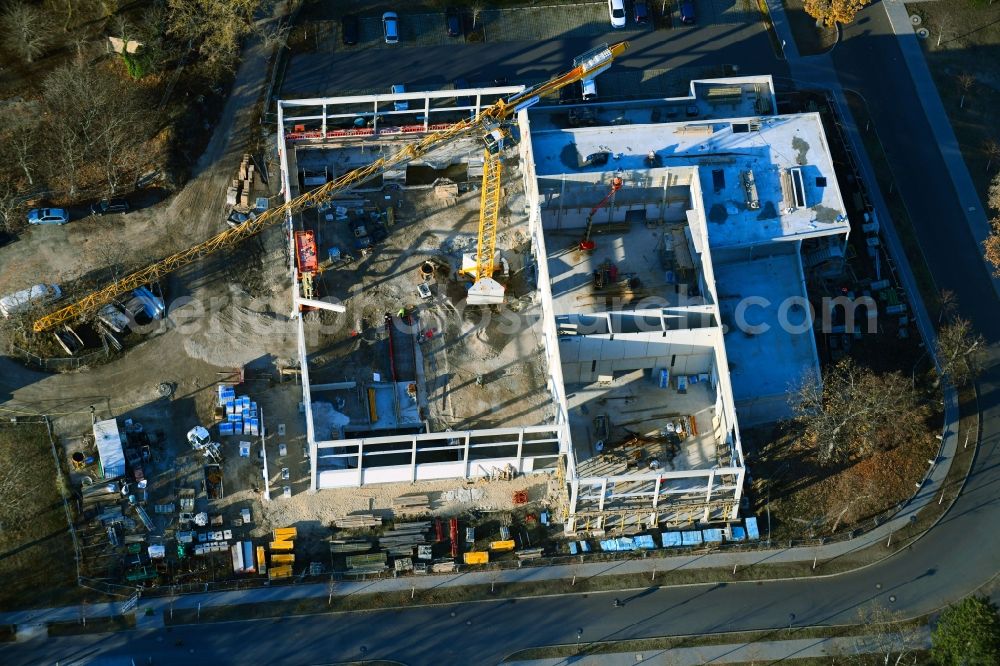 Potsdam from above - Construction site for the new sports hall on corner Olympischer Weg in Potsdam in the state Brandenburg, Germany